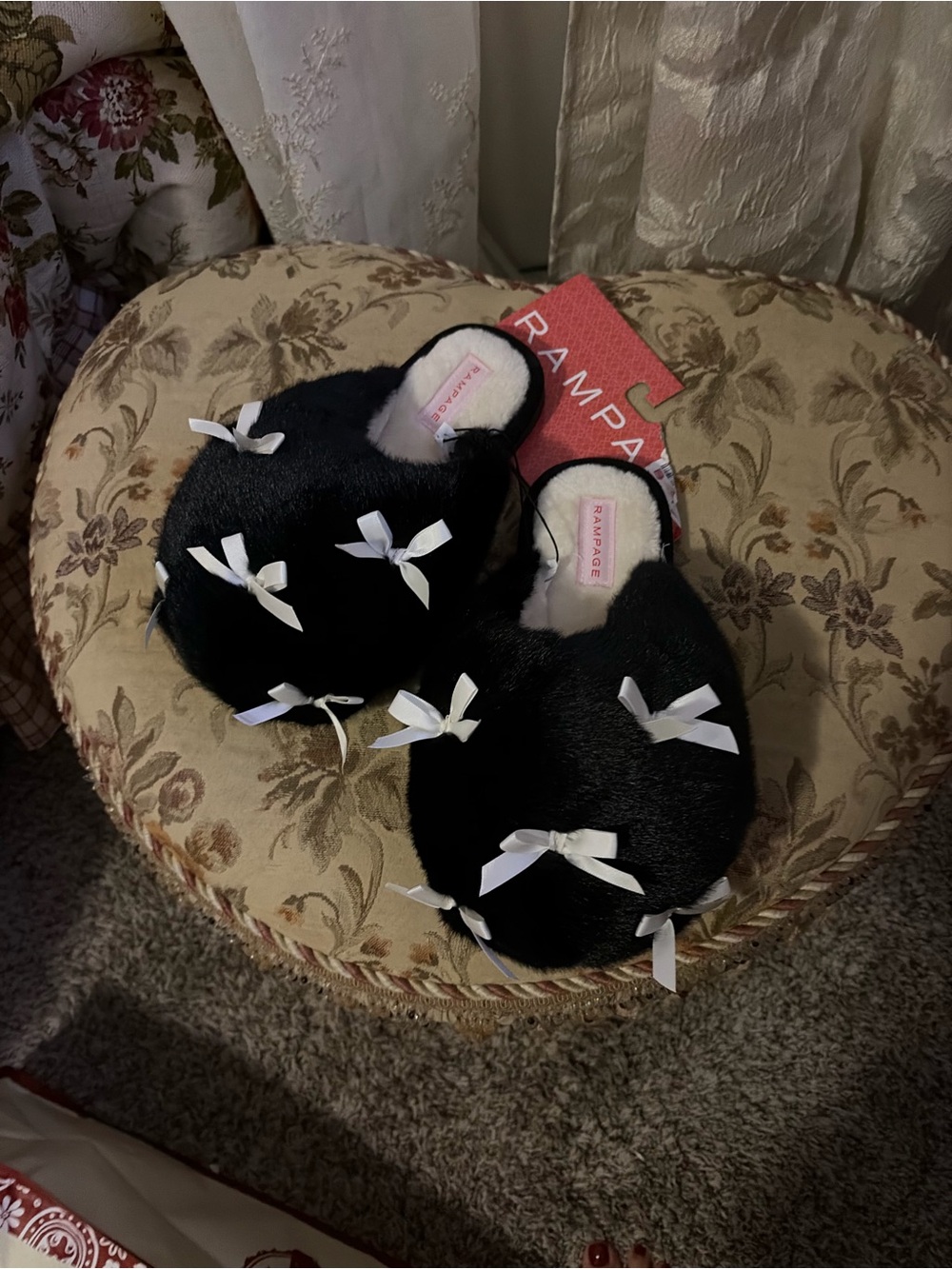 Rampage Black Faux-Fur Kids Slip-On Slippers with White Bows